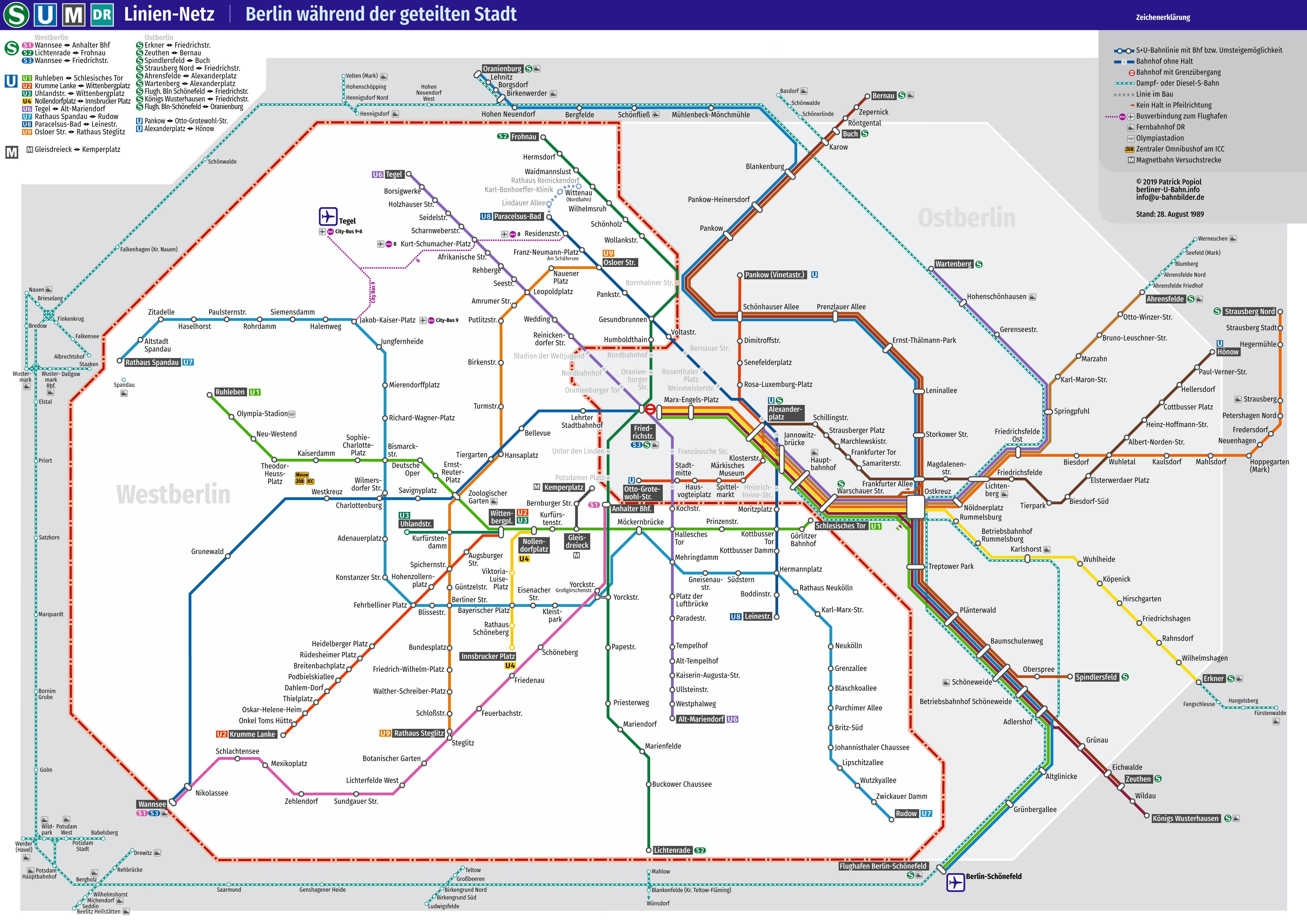 Nachgestelles S- und U-Bahn-Netz am 28. August 1989
